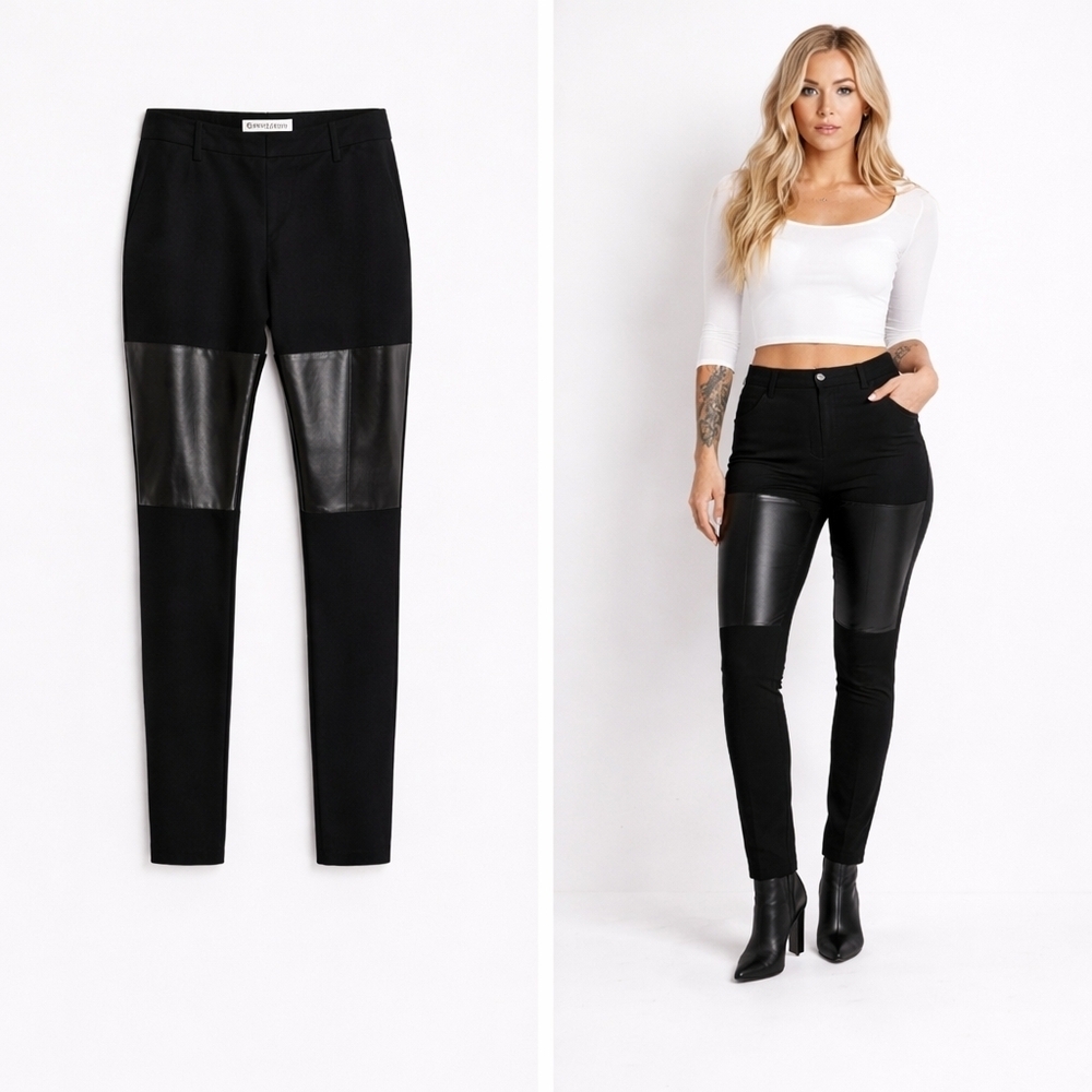 Centre Ville Paris Faux Leather Panel Skinny Pants Black 4